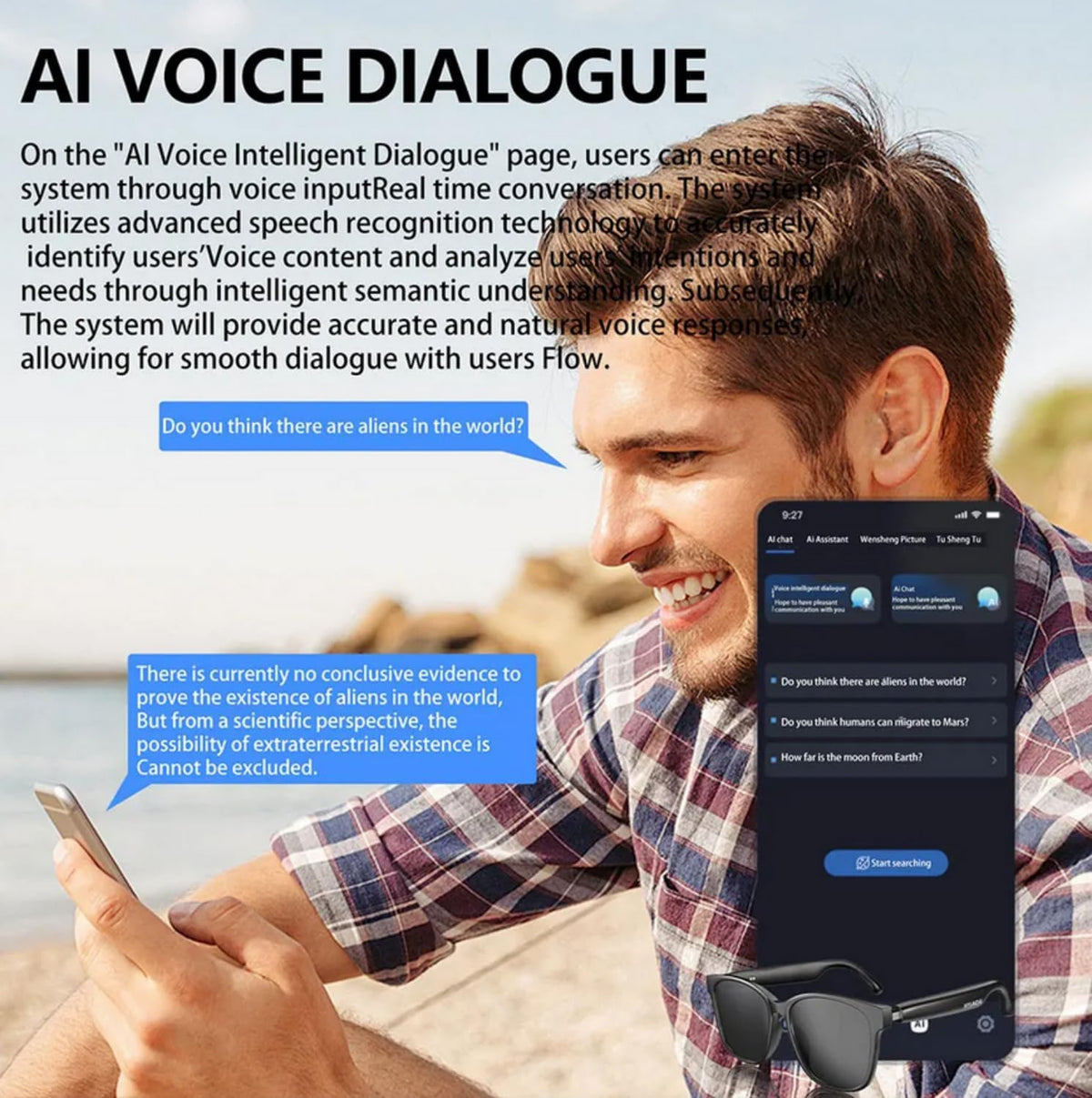 Bluetooth AI Smart Glasses with 160+ Languages, Color-Changing Lenses, Built-in Speaker & Clear Audio - Real-time Language Translator Glasses for Travel, Meetings and Business Use