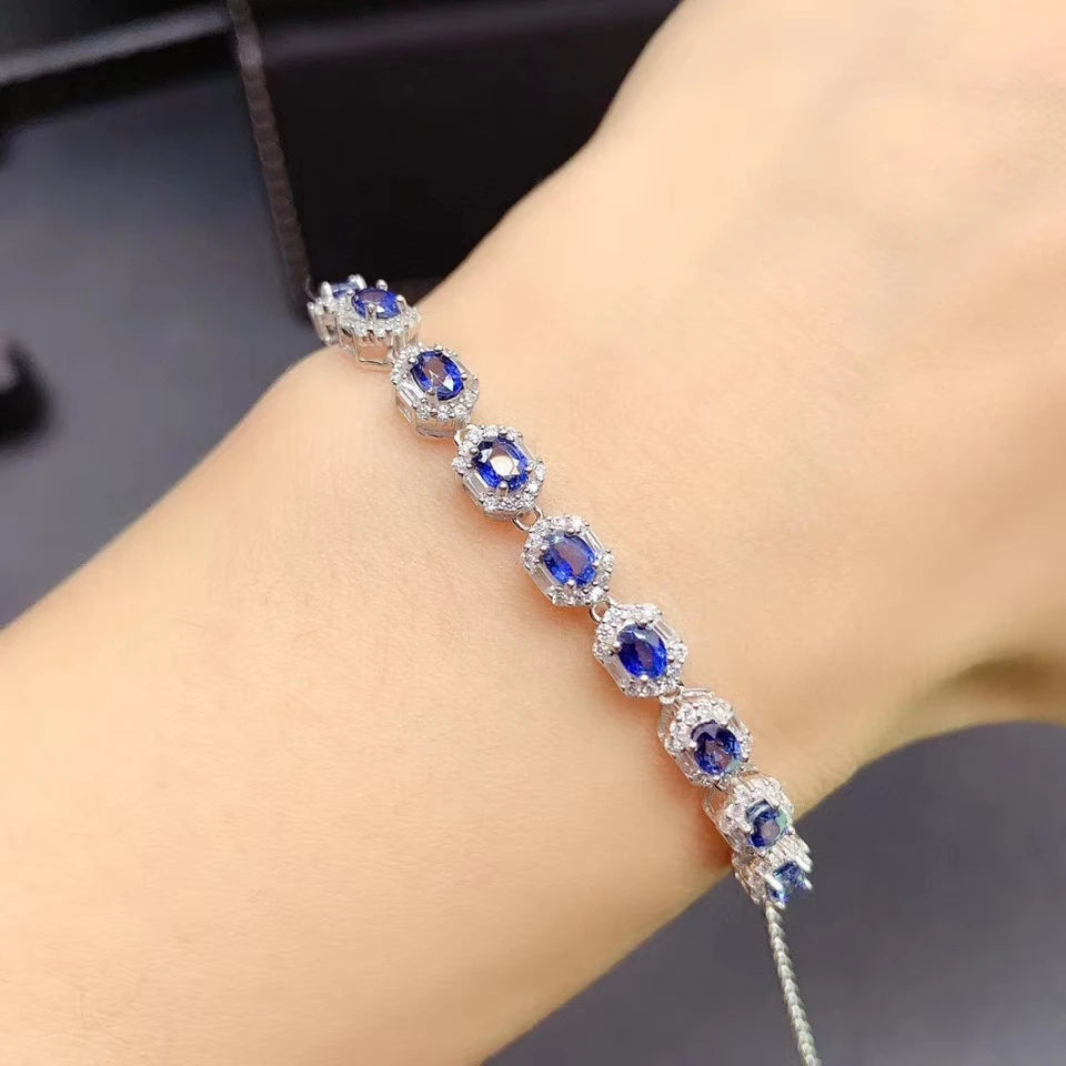 Elegant Sliver Bracelet With Sapphire Blue Gemstones