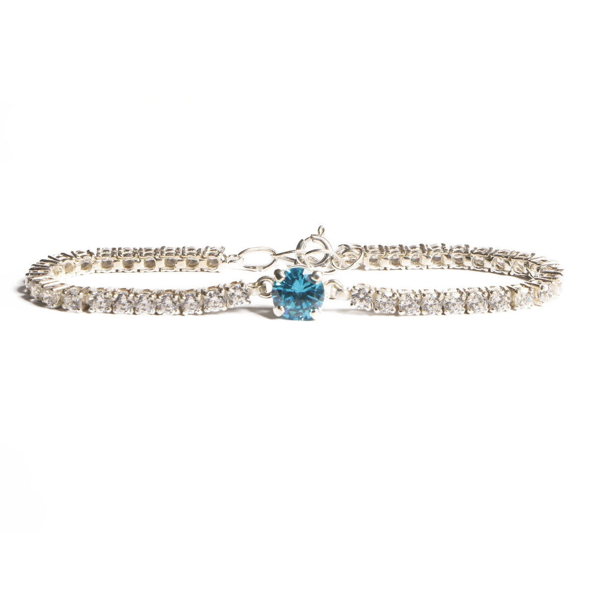 Elegant Silver Tennis Bracelet with Blue Crystal Centerpiece